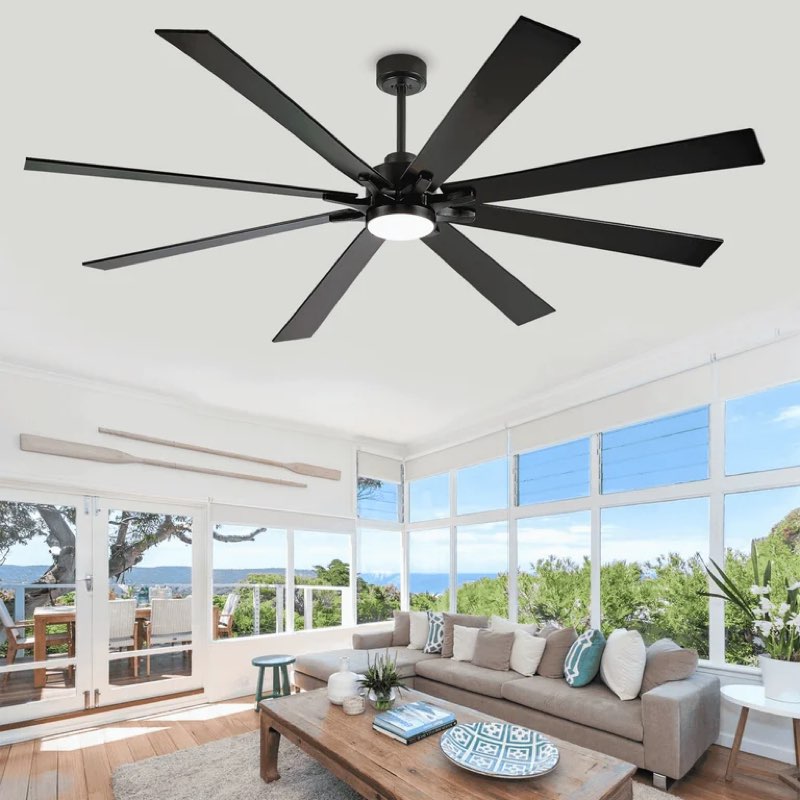 72 inch outdoor ceiling fans for patios with light, modern black industrial large ceiling fan, 8 reversible blades, dimmable 5cct, noiseless dc motor