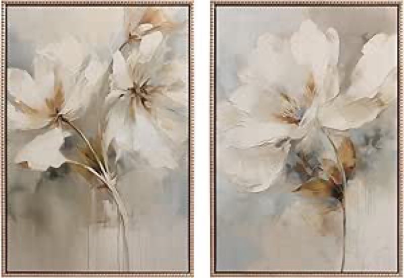 (Similar) 3 pcs)Kate and Laurel Sylvie Beaded Abstract Botanical Floral Linen Painting 1 and 2 Vintage Framed Canvas Wall Art Set by The Creative Bunch Studio, 2 Piece Set 23x33 Gold, Simple Floral Art for Wall