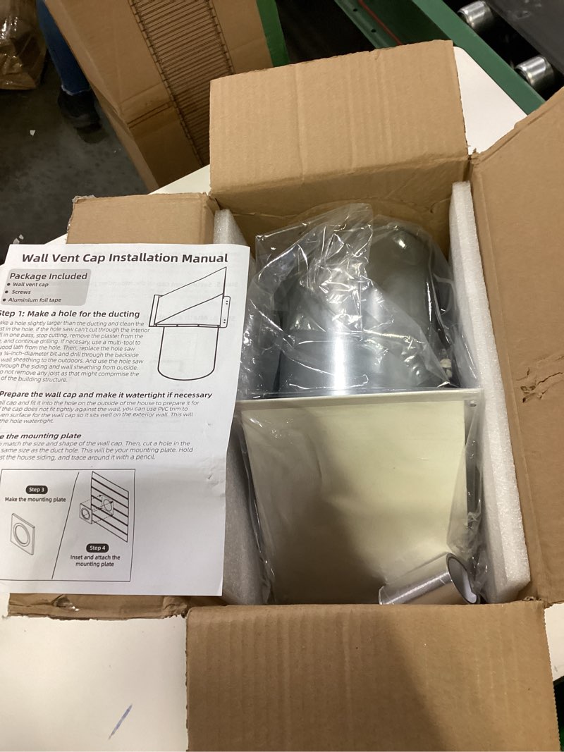 Condition photo showing New/Like New for 6 Inch Hooded Wall Vent with Screen and Damper,6 Inch Exhaust Vent Cover Cap for Outdoor Kitchen Range Hood Dryer Ventilation,Outside Wall Mount Extractor for House Air Exhaust,Galvanized Steel,White 6 Inch White