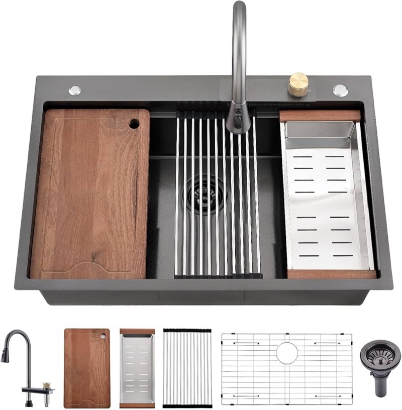 33x22 inch Waterfall Kitchen Sink Metal Black -Feibus 33inch Drop In Sink with Faucet Combo Double S