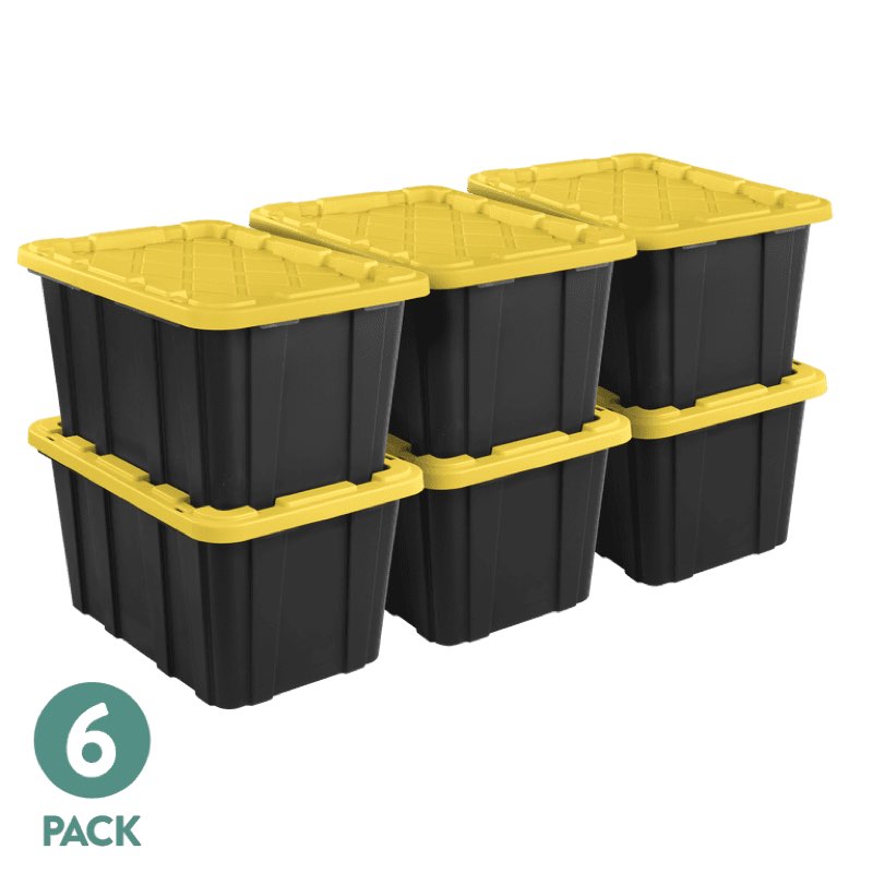 sterilite large storage bin, 27 gallon durable plastic storage tote with snap-on lid, black and yellow, 6 pack