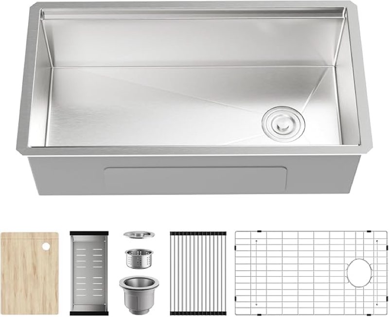 MAYESAR - 32-inch Kitchen Sink with Workstation, Handmade 16-Gauge Stainless Steel Single Kitchen Sink with Accessories, 32 x 19 inches