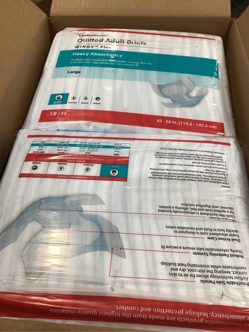 Condition photo showing As Is for cardinal health™ quilted adult briefs, wings™ plus, heavy absorbency, size large, unisex adult briefs, disposable incontinence diapers with refastenable tabs – case of 4 bags of 18 briefs (72 total) large case of 72
