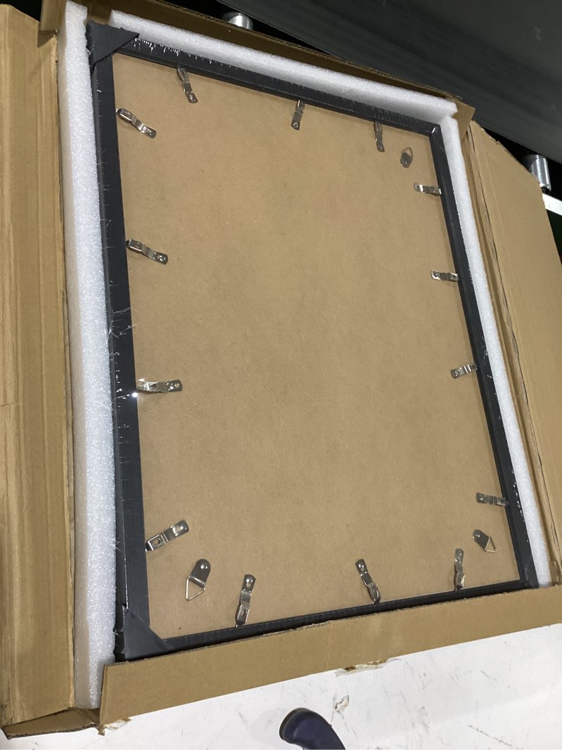 Condition photo showing New/Like New for 18x24 poster frame, display pictures 16x20 with mat or 18x24 without, wall hanging frames, black, 3 pack black 18x24