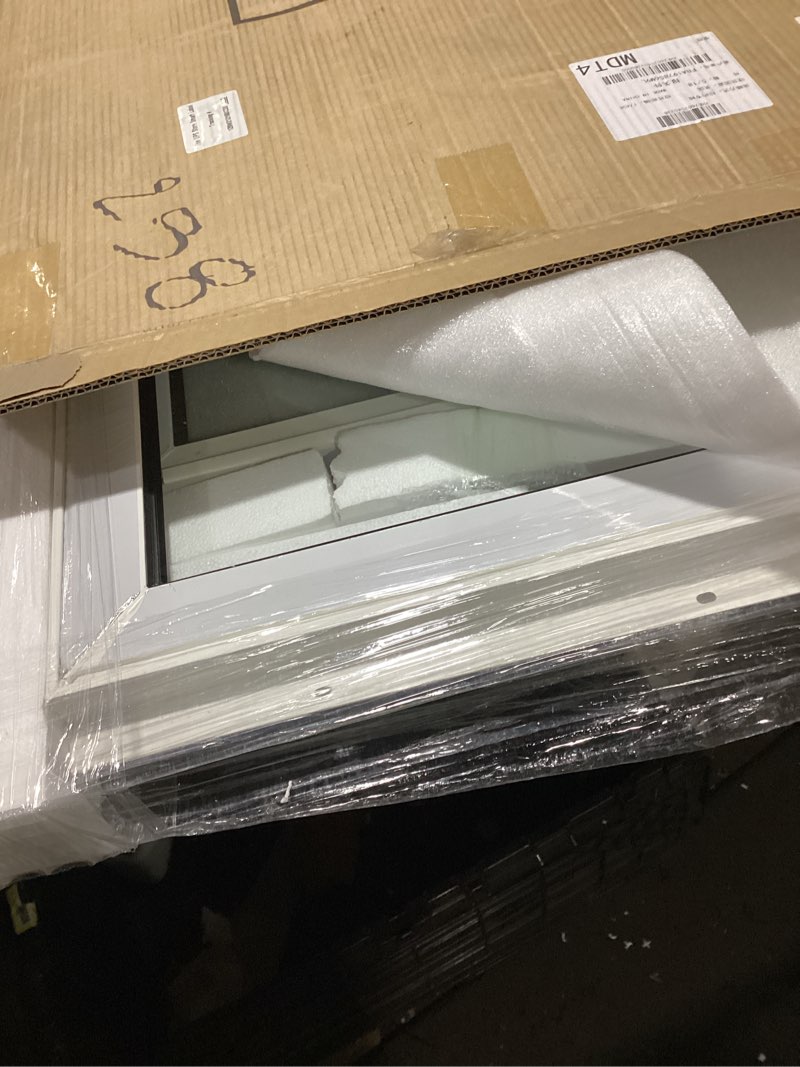 Condition photo showing As Is for vinyl single hung sliding window, 24" x 38" household window with double-pane insulated tempered glass, white energy-efficient soundproof window for house, mobile home 24"x38"