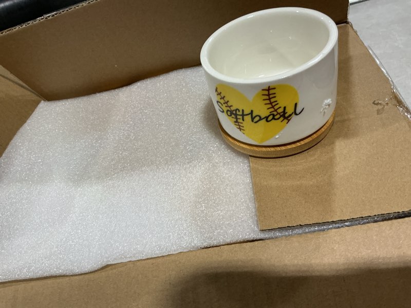 Condition photo showing Good Condition for LemonRoad 12 Pcs Softball Succulent Plant Pots and 12 Trays Softball Birthday Party Ceramic Succulent Plant Pot Supplies for Sports Theme Party Supplies