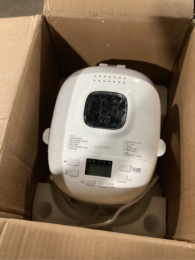 Condition photo showing Good Condition for amazon basics programmable bread maker, 2 pound non-stick automatic bread making machine, 14 settings for breads, doughs, gluten-free options and more, lcd display, white