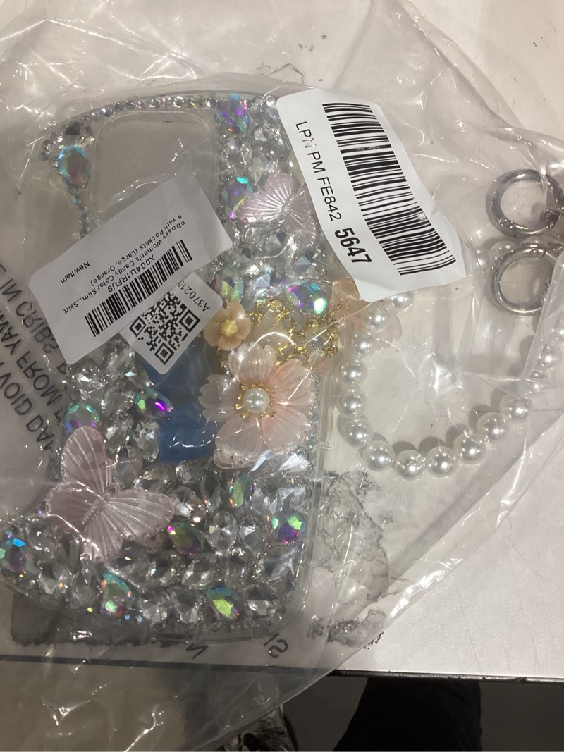 Condition photo showing Good Condition for iFiLOVE for iPhone 13 Pro Max Case with Pearl Strap, Luxury Bling Diamond Sparkle Glitter Crystal Rhinestone Butterfly Flower Tassels Pendant Case Cover for Girls Women (Pink) Pink Butterfly For iPhone 13 Pro Max