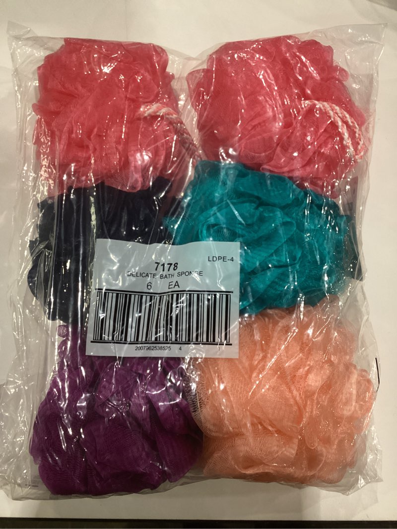 Condition photo showing New/Like New for BTYMS 6 Pcs Shower Pouf 60g Bath Loofah Shower Sponge Loofahs Exfoliating Mesh Puff Body Wash Sponge White&pink&green&cyan&brow&gray 6 Count (Pack of 1), SIMILAR TO STOCK PHOTO 