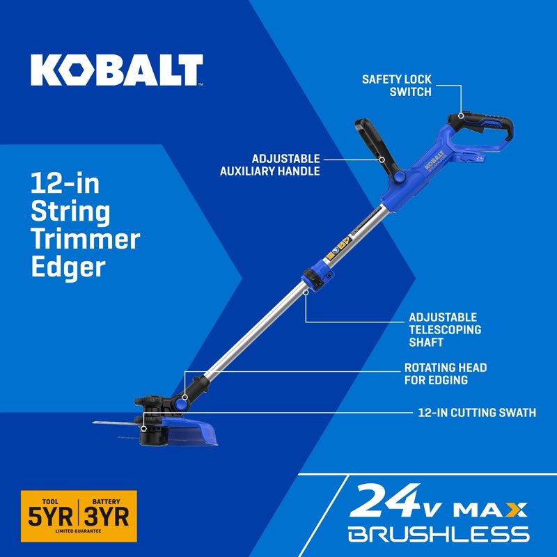 kobalt 24-volt 12-in telescopic shaft battery string trimmer edger conversion capable 3 ah