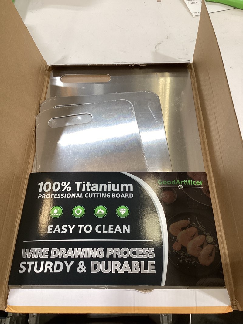 Condition photo showing New/Like New for Titanium Cutting Boards Set of 3, 100% Pure Titanium Kitchen Cutting Board, Double-Sided Non-Toxic Cutting Board, Ideal for Slicing and Dicing Meats, Features Handle, Dishwasher Safe Silver 16"L*10"W(S+M+L)