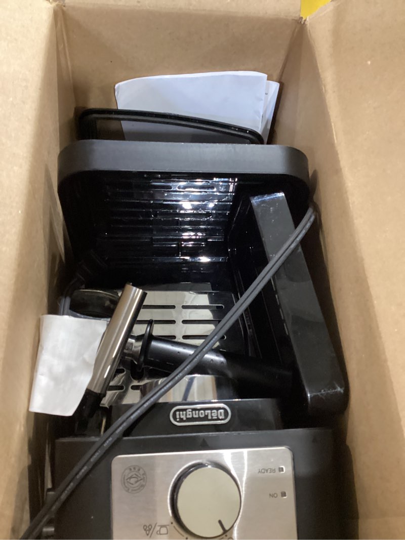 Condition photo showing As Is for de'longhi stilosa manual espresso machine, compact coffee maker, 15 bar pump pressure, manual milk frother steam wand for authentic single & double espresso, lattes & cappuccinos, tamper included stliosa espresso machine