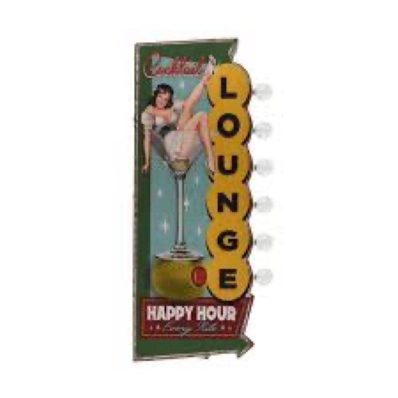 Vintage Cocktail Light Up Happy Hour Metal Sign LED Bar Wall Art Man Cave Decor