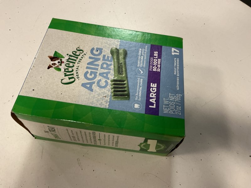 Condition photo showing New/Like New for (BBD :27/OCT /25 ) Greenies Dental Treats for Dogs, Veterinarian-Recommended Aging Care Adult Natural Dental Dog Treats, Large Size, 27 oz. Pack, 17 Count Aging Care 17 Count (Pack of 1)