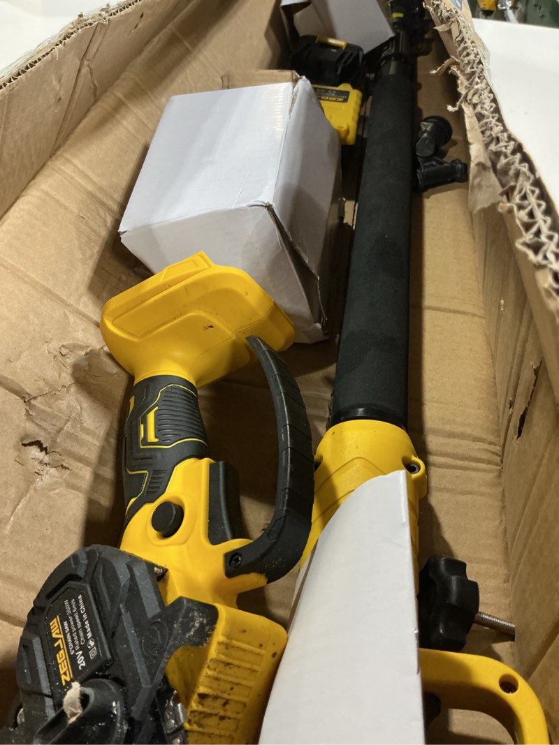 Condition photo showing As Is for 2-in-1 cordless pole saw & 6 inch mini chainsaw with 2 pack 2.0ah battery and charger, electric pole saw for tree trimming with adjustable extension pole yellow