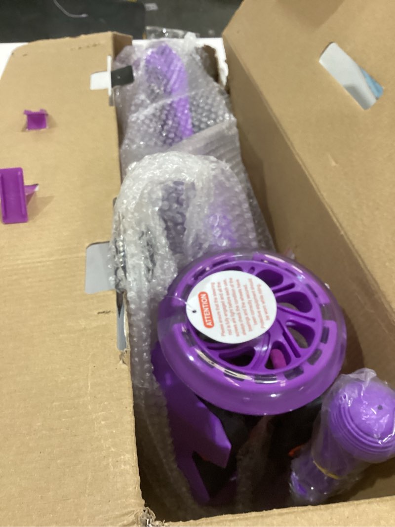Condition photo showing Good Condition for chromewheels foldable scooters for kids, deluxe kick scooter 4 adjustable height 132lbs weight limit 3 wheel, lean to steer led light up wheels, best gifts for girls boys age 3-12 year old purple