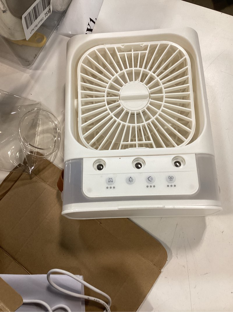 Condition photo showing As Is for portable air conditioners, 2000mah rechargeable mini air cooler fans, 500ml personal portable ac unit with 3 speed, 2 spray, 7 color, 3 timer, small desktop cooling fan for bedroom office (white)