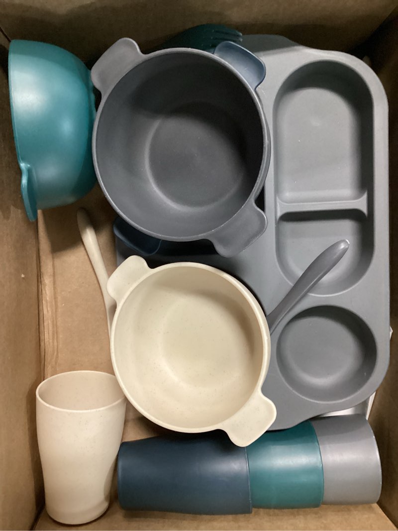 Condition photo showing As Is for 24 pcs wheat straw dinnerware cutlery set for adult including divided plates microwave dishwasher safe bowl unbreakable tableware straw cutlery spoon knife fork(dark color)