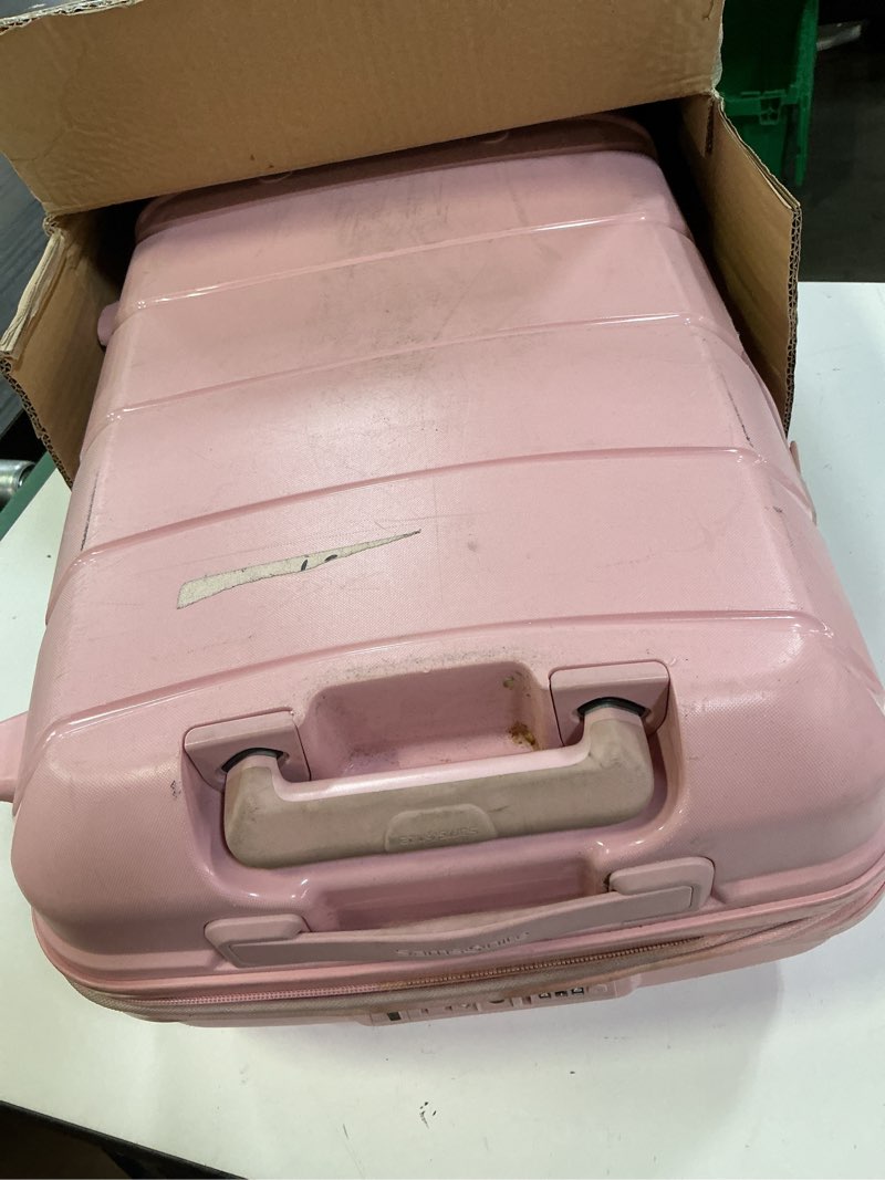 Condition photo showing As Is for samsonite freeform hardside carry-on luggage with spinner wheels - hardshell suitcase - tsa, airline-approved - expandable hard shell, smooth rolling wheels for lightweight travel - pink rose carry-on spinner pink rose