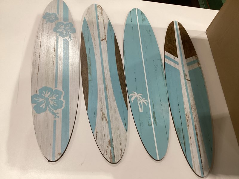 Condition photo showing Good Condition for Threan 4 Pcs Large Surfboard Wall Decors Girls Boys Wooden Beach Room Decor 23.6" x 5.4" Preppy Surf Board Hanging Signs Aesthetic Tropical Wall Art for Bedroom Living Room Bathroom Decors(Blue)