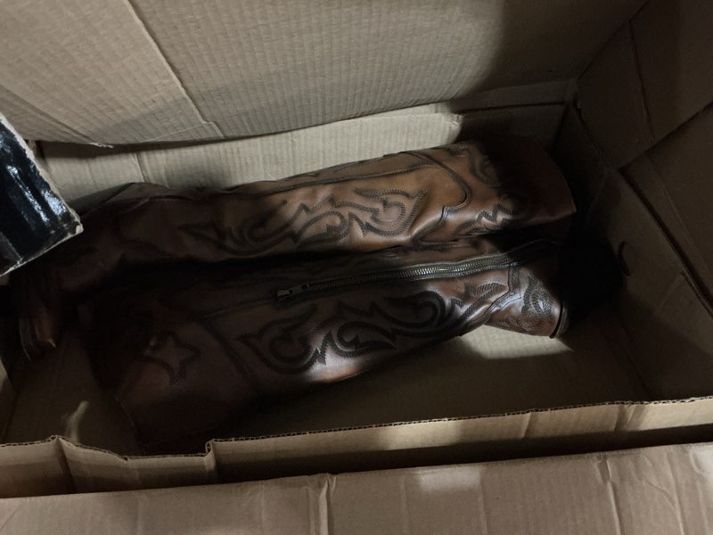 Condition photo showing As Is for dan post womens seductress embroidered snip toe zippered dress boots over the knee high heel 3" & up - brown 6 chestnut