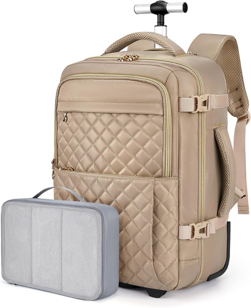 BAGSMART Rolling Backpack for Women, Wheeled Backpack with Packing Cube, Travel Backpack with Wheels, Carry On Suitcase Bag with Wheels 17 Inch Large Roller Backpack, Champagne Champagne 15.6 Inch