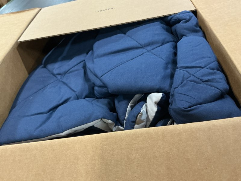 Condition photo showing As Is for basic beyond king size comforter set - navy blue comforter set king size, reversible king bed comforter king set for all seasons, navy/grey, 1 comforter (104"x92") and 2 pillow shams (20"x36"+2") 03 - navy/grey king