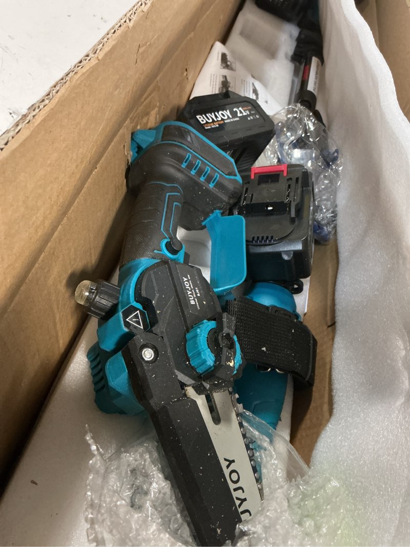 Condition photo showing As Is for 2-in-1 electric pole saws for tree trimming, 6 inch mini chainsaw cordless with extension pole, 2 x 4000mah batteries,battery powered pole chain saw, tree trimmer limb branch cutter pruner (blue)