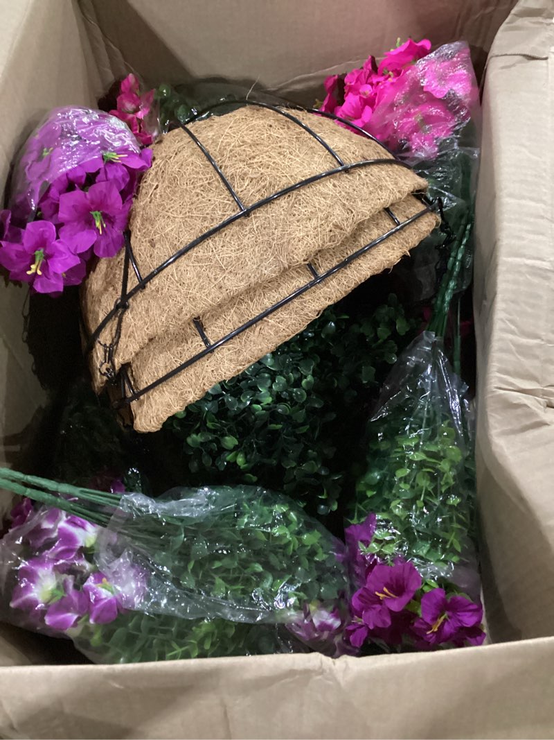 Condition photo showing As Is for 2 set artificial outdoor petunias flowers with hanging baskets, 24 pcs uv resistant faux petunias flowers with hanging planter for front door porch spring outside decor (2, rosered,redviolet) rosered,redviolet 2
