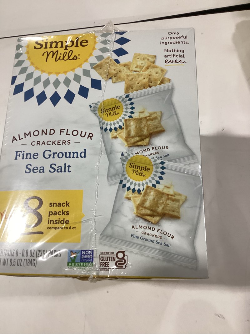 Condition photo showing Good Condition for Simple Mills Almond Flour Crackers Snack Packs, Sea Salt, Gluten Free, Flax Seed, Sunflower Seeds, Corn Free, Good for Snacks, 6.5 oz, Pack of 2 (8 Bags per Box) Fine Ground Sea Salt 6.5 Ounce (Pack of 2)