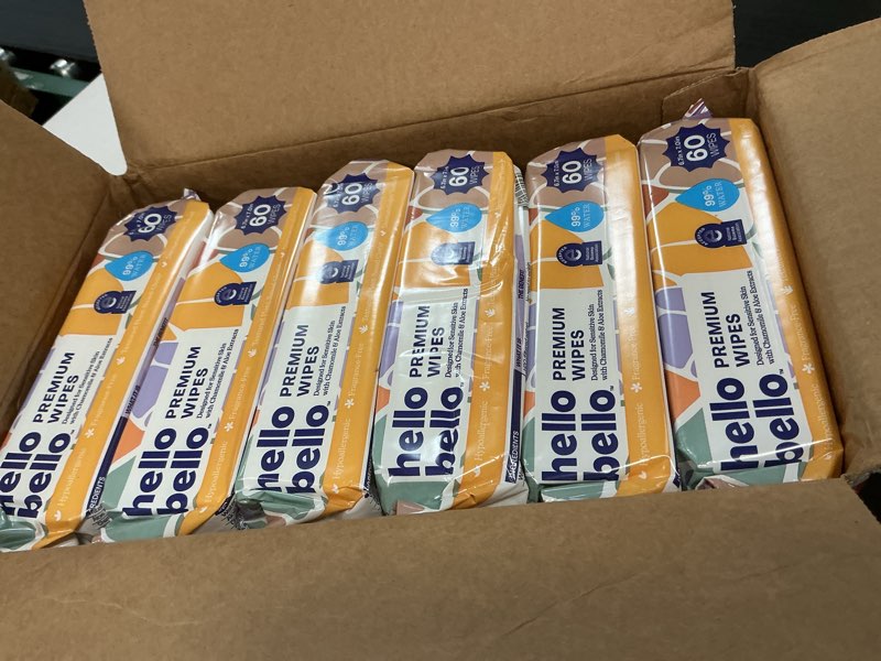 Condition photo showing New/Like New for hello bello premium wipes, designed for sensitive skin with chamomile & aloe extracts, flower pop (12 resealable packets = 720 total wipes) flower pop 60 count (pack of 12)
