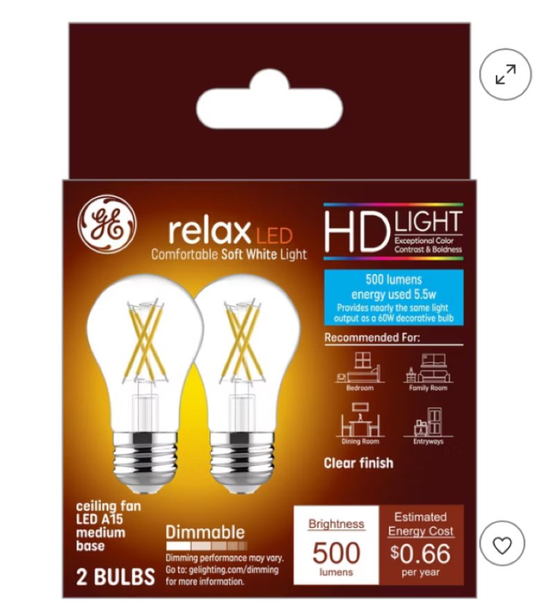 GE 2pk 60W Relax A15 LED Ceiling Fan Light Bulb Soft White: Dimmable Edison Light Bulbs, 500 Lumens, E26 Base, 2700K( 6 pack) 
