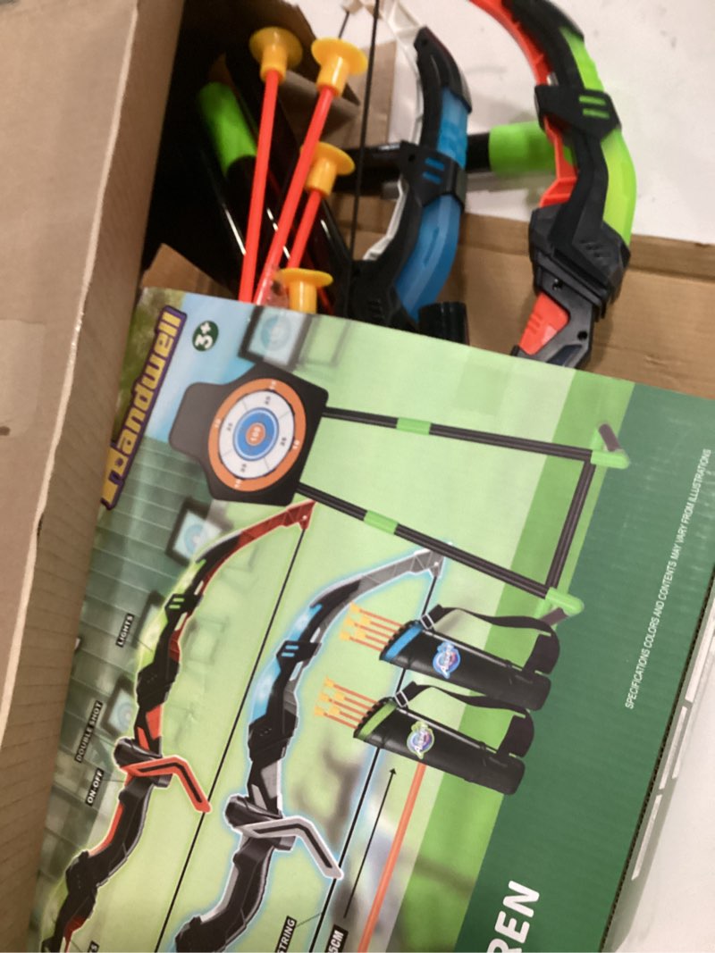 Condition photo showing Good Condition for Bow and Arrow Set for Kids, 2-Pack LED Light Up Archery Set with 20 Suction Cup Arrows, Indoor and Outdoor Toy for Boys Girls Age 4-8 8-12 with Standing Target&2 Quivers, Birthday Gift 3-12 Years Old