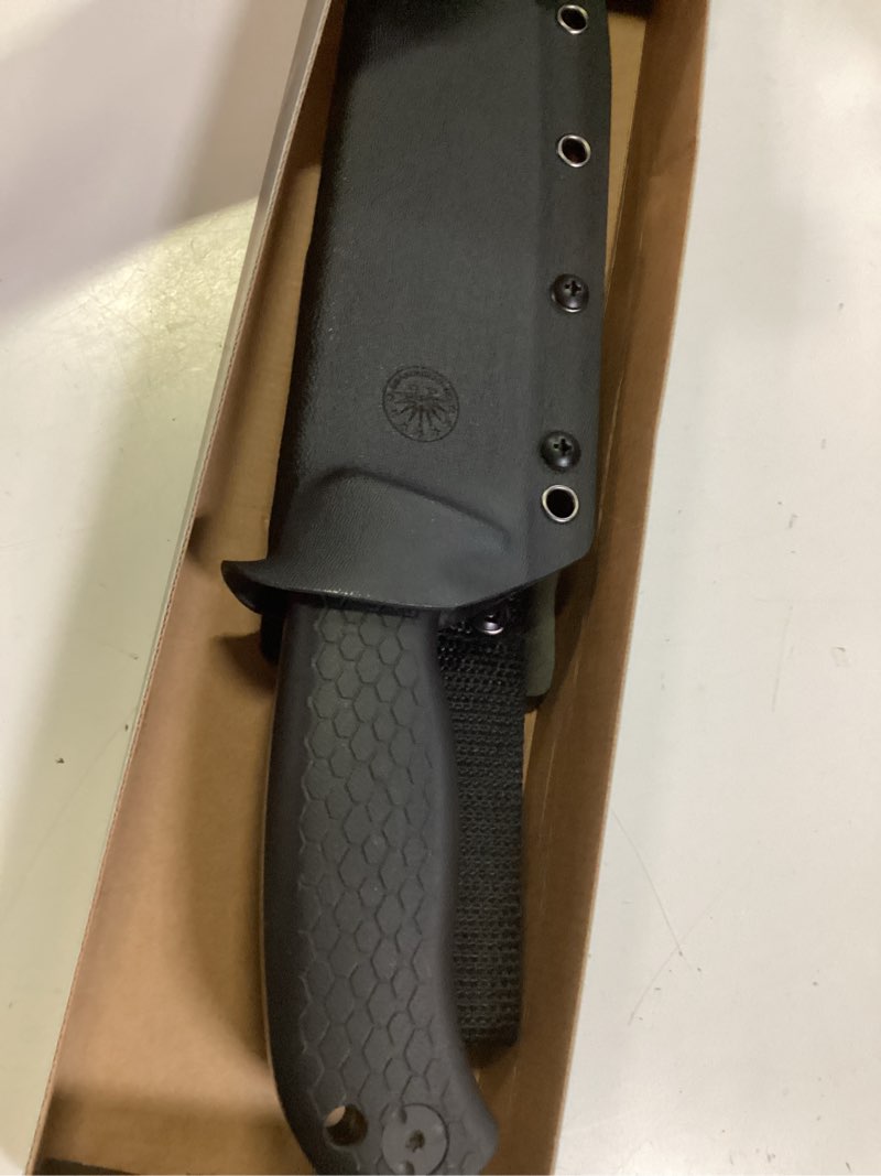 Condition photo showing New/Like New for off-grid knives - tracker-xxl fixed blade knife, cryo d2 blade steel, g10 scales, kydex sheath, og lo-pro belt attachment, chopping, camping, bushcraft, hunting, survival (blackout)