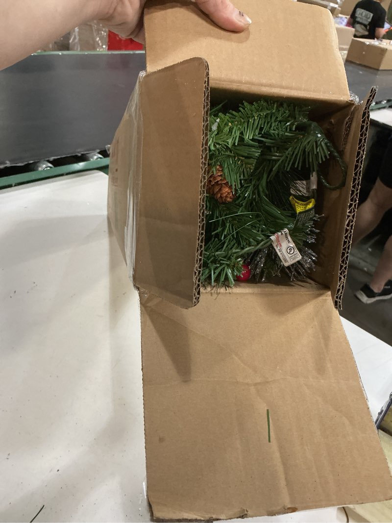Condition photo showing Good Condition for national tree company 9 ft pre-lit crestwood spruce artificial christmas garland, christmas decoration with glitter, pinecones, red berries, 50 clear lights, 180 tips, green plug in tree