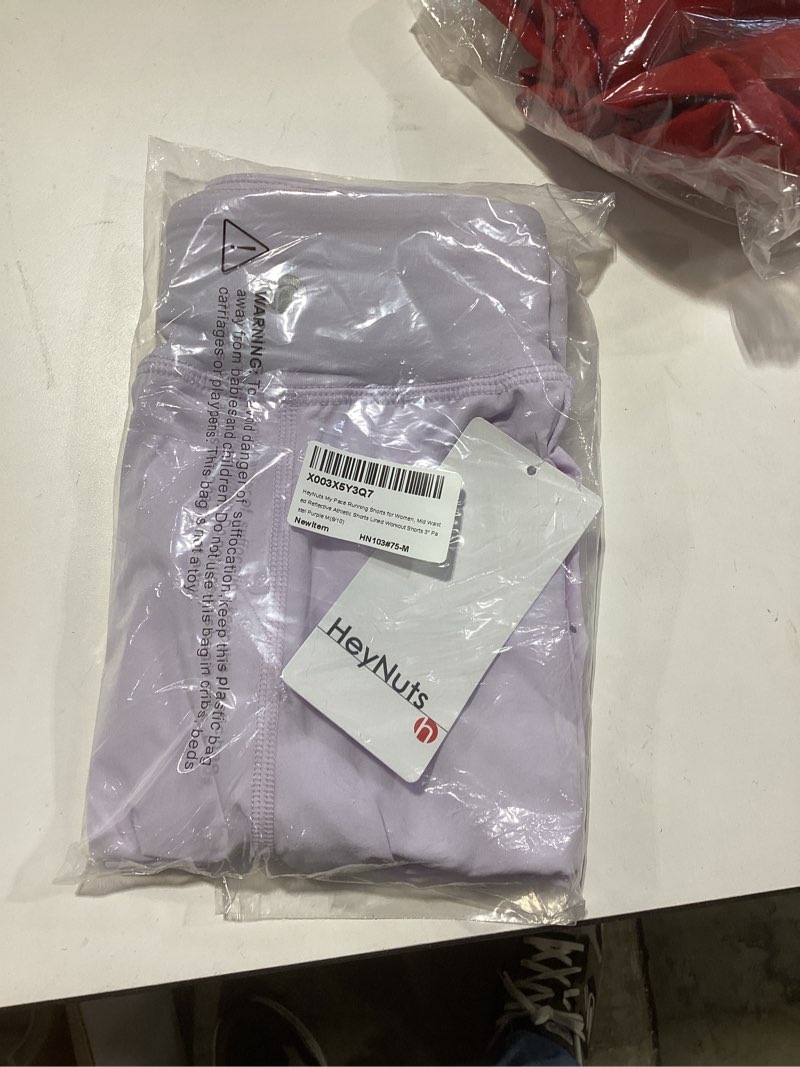 Condition photo showing New/Like New for HeyNuts My Pace Running Shorts for Women, Mid Waisted Reflective Athletic Shorts Lined Workout Shorts 3" Medium Pastel Purple