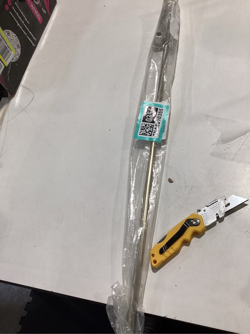 Condition photo showing As Is for rod desyne frame 7/16" cafe steel curtain rod extends 28-48" - satin nickel