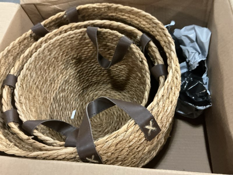 Condition photo showing Good Condition for gib round wicker woven seagrass storage baskets with leather handles set of 3, natural decorative braided rope wicker baskets bins for shelves blankets organizing, 13", 12" & 11"