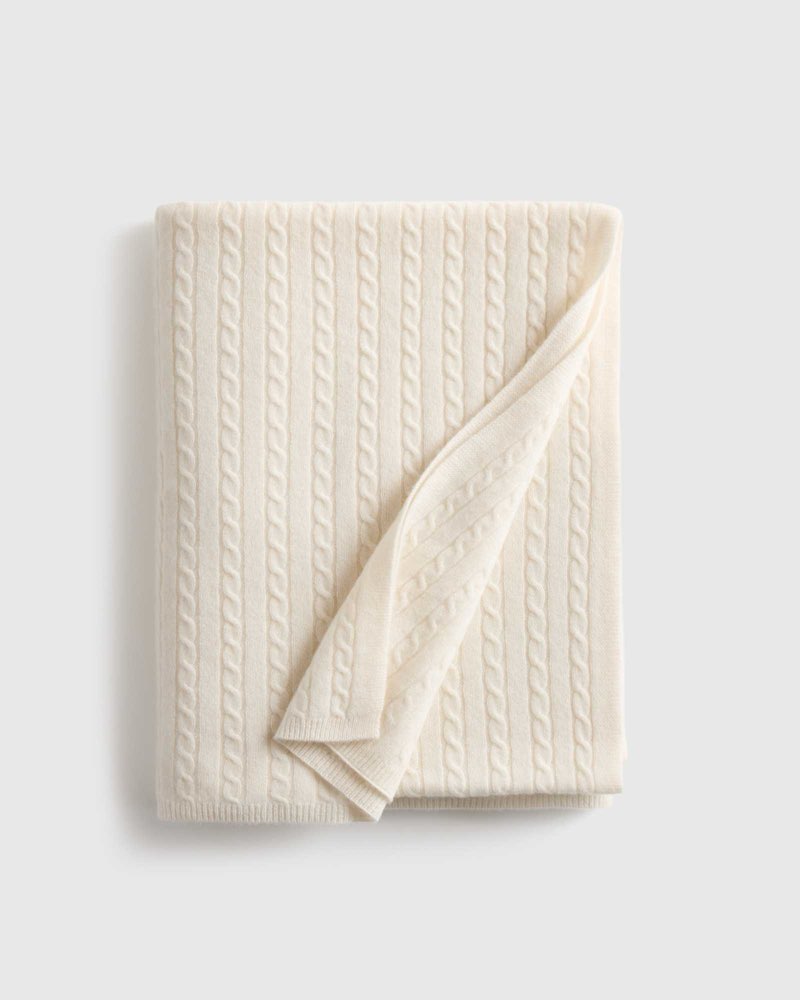 quince 100% cable knit cashmere throw 50x70”, cream