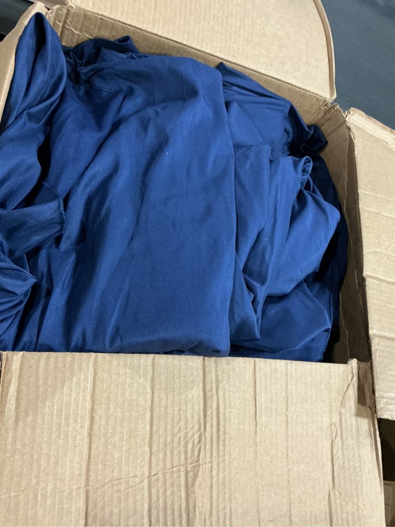 Condition photo showing As Is for Exquisite 12-Pack Premium Plastic Tablecloth 12-Pack Premium Plastic 54in. x 108in. Rectangle Table Cover - Navy Blue Navy Blue 54in. X 108in. Rectangle