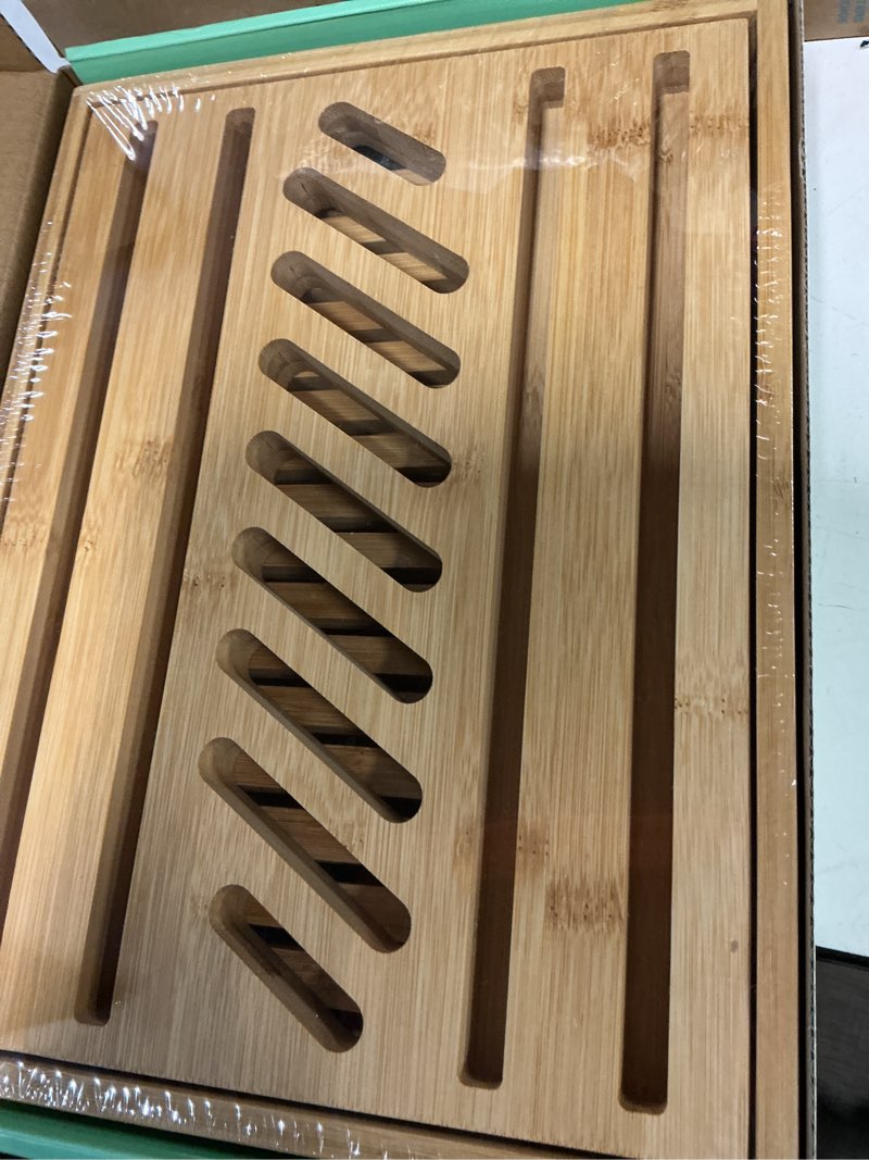 Condition photo showing New/Like New for Adjustable bread loaf slicer + bread slicer guide for sourdough; sandwich bread slicer, butter cutter and spreader knife + foldable design, crumb tray, non-slip base, compact storage