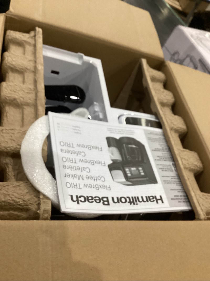 Condition photo showing As Is for hamilton beach flexbrew trio 2-way coffee maker, compatible with k-cup pods or grounds, combo, single serve & full 12 cup coffee pot, white, fast brewing, removeable reservoir white, fast brewing, removable reservoir