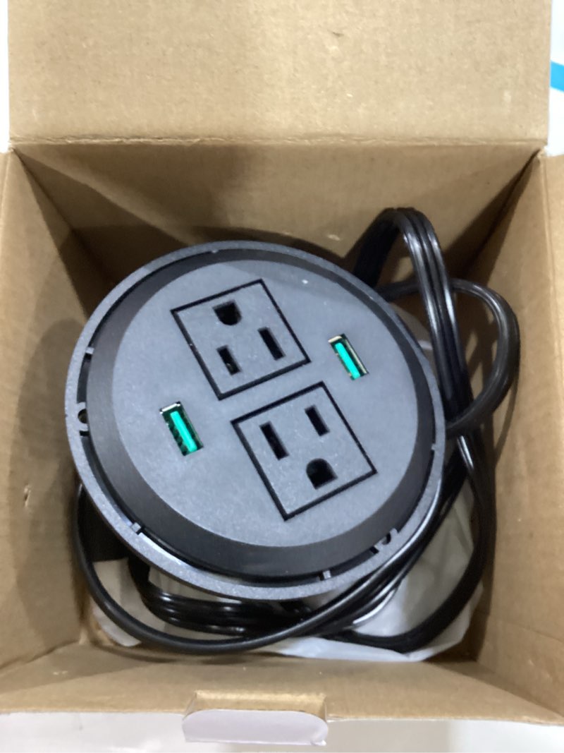 Condition photo showing As Is for 3 inch Desk Power Grommet, USB Grommet with Green Port, Desk Hole Round Grommet Outlets with 2 AC Outlets and 2 USB Ports 6.5FT Heavy Duty Power Cord