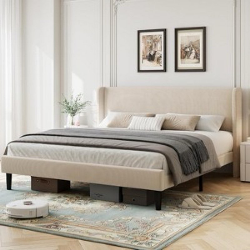 platform bed frame with upholstered wingback headboard, no box spring needed