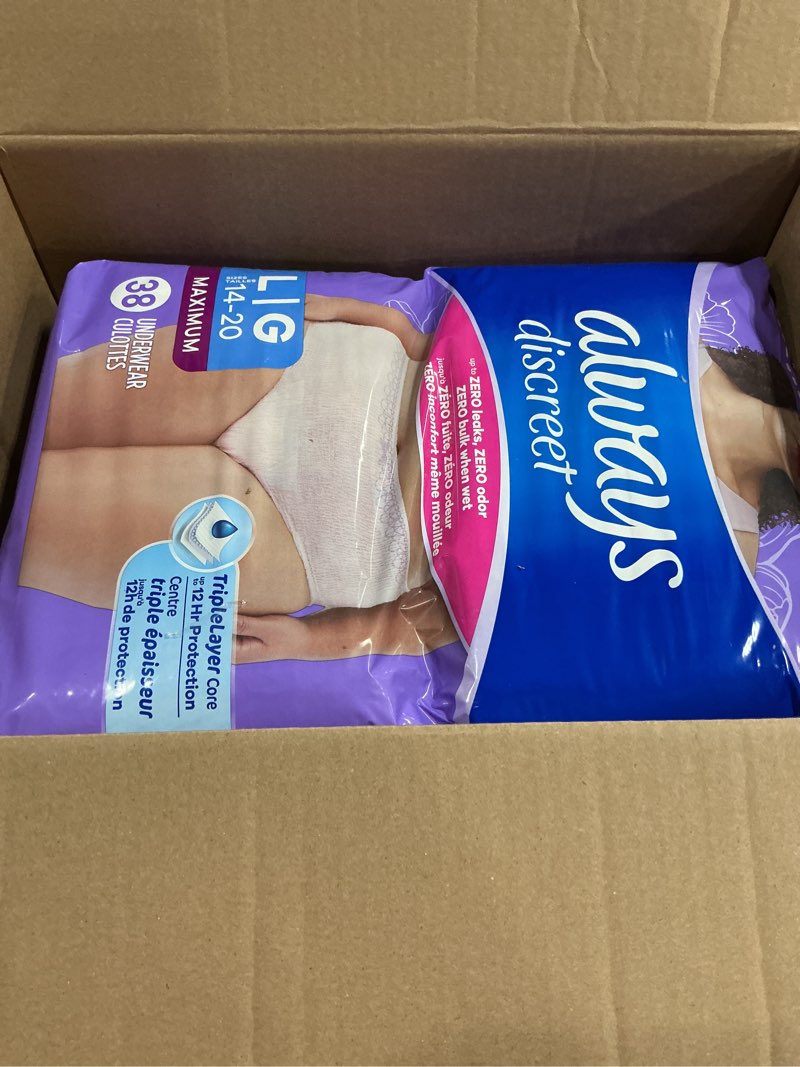 Condition photo showing New/Like New for always discreet adult incontinence underwear for women and postpartum underwear, large, up to 100% bladder leak protection, 76 count (2 packs of 38) large 76