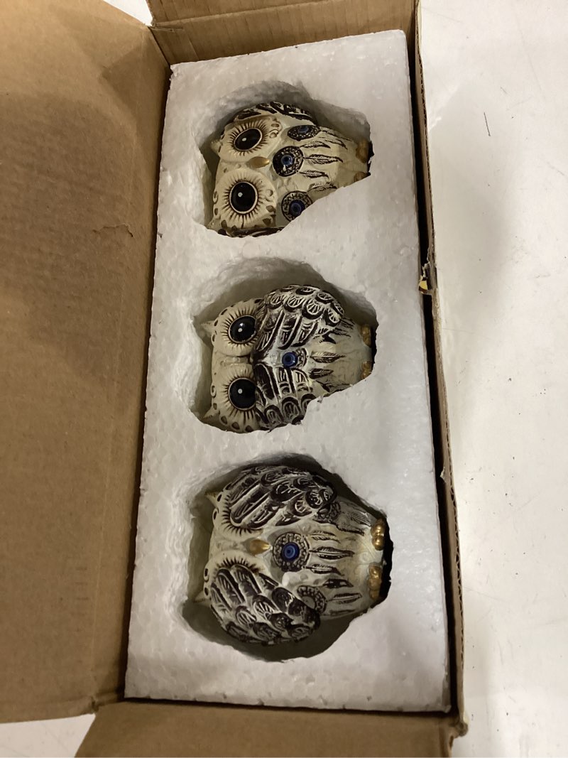 Condition photo showing Good Condition for decorative see no evil hear no evil speak no evil owl figurines, set of 3, vintage white decor with evil eye, 3 wise owl statue for bookshelf, living room, office & table.boho gifts for women (white)