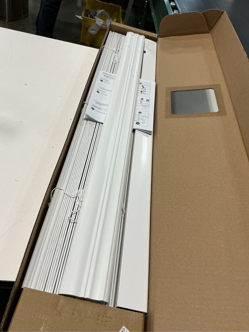 Condition photo showing Good Condition for allen + roth trim at home 2-in slat width 33-in x 64-in cordless white faux wood room darkening horizontal blinds