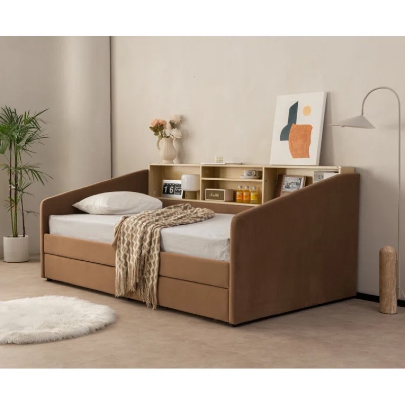 Mink Guisselle Upholstered Twin 2 Drawers Storage Daybed with Shelf Headboard (Incomplete, Box 1/2 )
