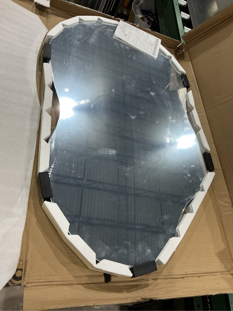 Condition photo showing Good Condition for smiror irregular backlit bathroom mirror with lights 40 x 24, asymmetrical cloud led lighted vanity mirror for wall, anit-fog, dimmable, memory function (horizontal/vertical) backlit 40"l x 24"w