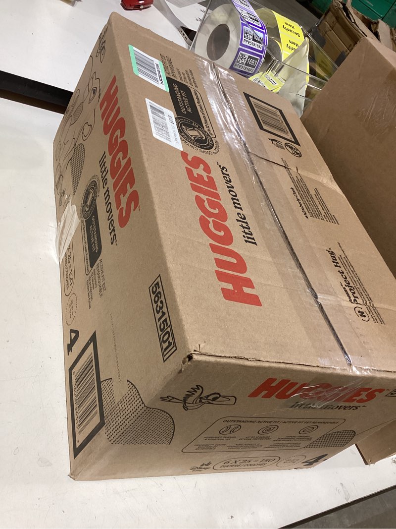 Condition photo showing New/Like New for huggies size 4 diapers, little movers baby diapers, size 4 (22-37 lbs), 150 count (6 packs of 25), packaging may vary size 4 150
